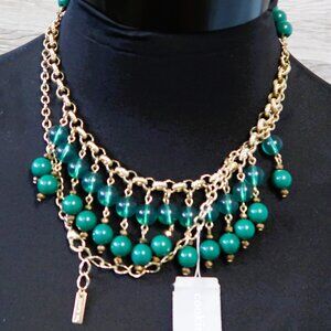Cookie Lee Costume Necklace Gold Tone Chain Green Beads NWT